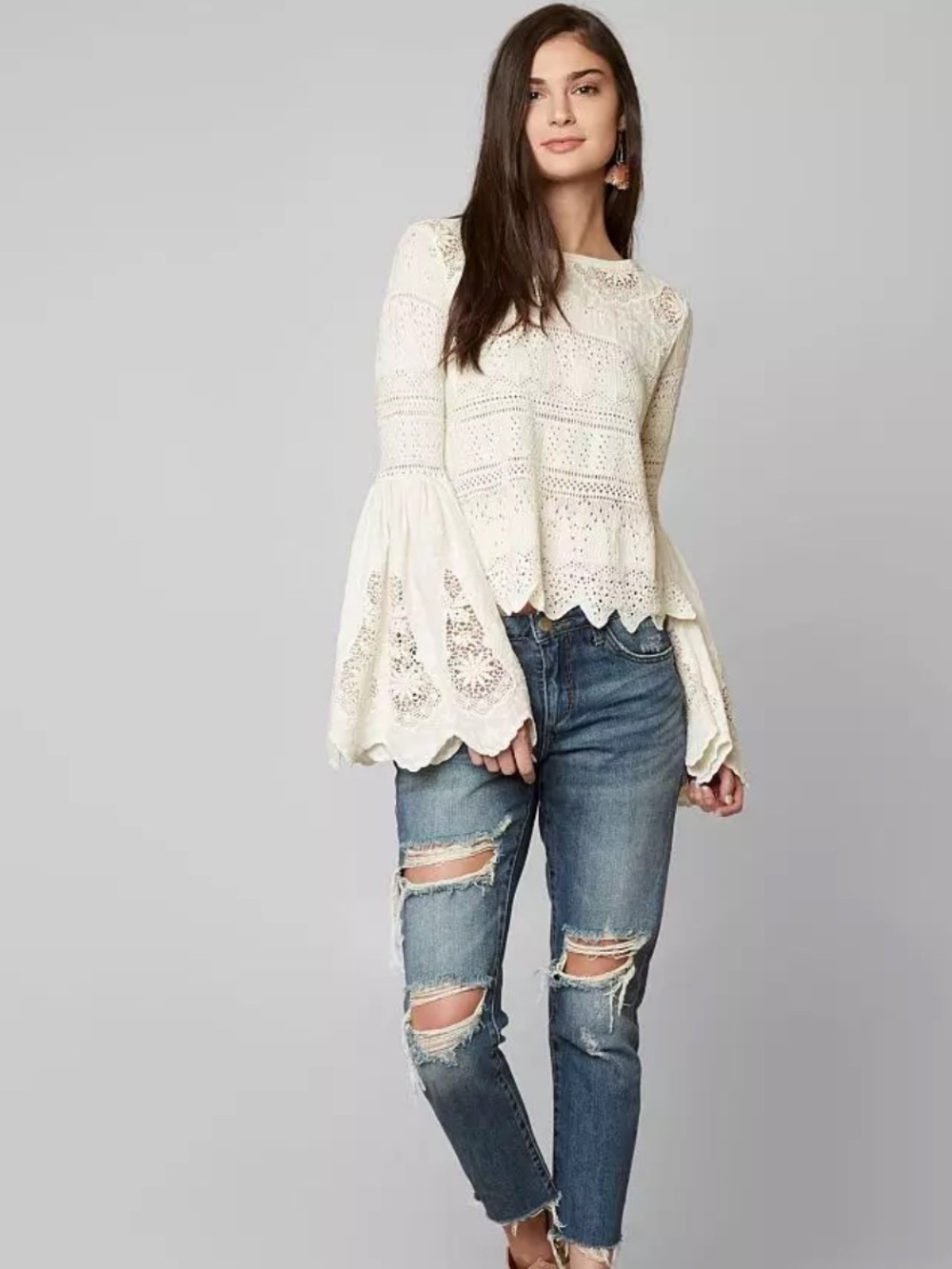 Free People Once Upon a Time Ivory Lace Crochet Bell Sleeve Top - Picture 4 of 14
